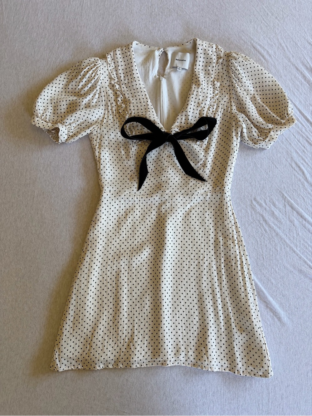 Reformation Cream Polka Dot Mini Dress with Black Tie - Picture 2 of 7